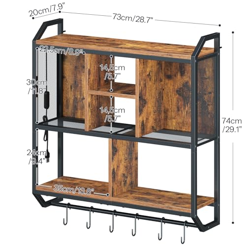 Image of HOOBRO Gaming Floating Shelf with LED Lights, 28.7 inch LED Wall Mounted Shelf, 3-Tier Display Rack for Wall Storage, Floating Rack with Hanging Rod and 6 S-Hooks, Rustic Brown and Black BF70DBJ01
