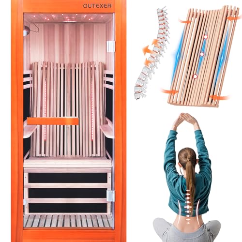 Image of OUTEXER Infrared Sauna 1495W Wooden Saunas Spa Room Pacific Clear Cedar Wood Single Person Indoor Saunas with Special Shaped Comfortable Backrest 32.68 * 47.24 * 69.29 Inch