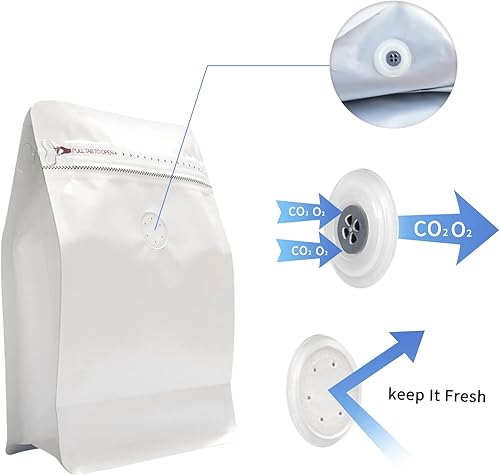 Miniatura 4 de Bolsas de almacenamiento blancas, 50 bolsas de café de grado alimenticio con válvula y cremallera, bolsas de granos de café sellables con calor para