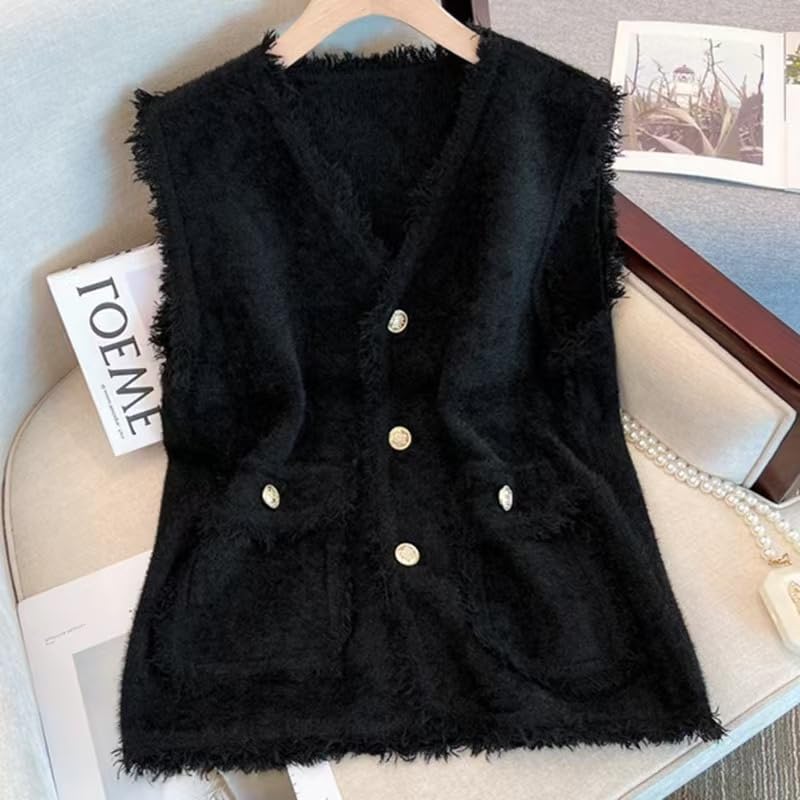 Image of WaJuemy Loose Sweater Vest for Women Dressy Sleeveless V Neck Cardigan Sweater Elegant 2025 Trendy Button Up Pockets Tops (Small, 01 Black)