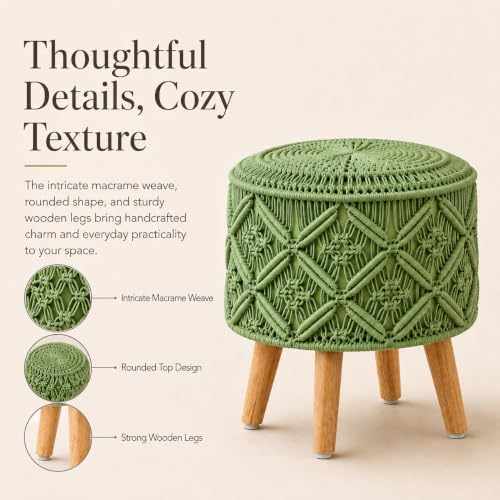 Image of Macrame Ottoman for Living Room | Handcrafted Woven Foot Rest Stool with Solid Wooden Legs | Pouffe for Sitting, Foot Stool for Bedroom & Home Decor | 16x16x18 Inch (Light Green)