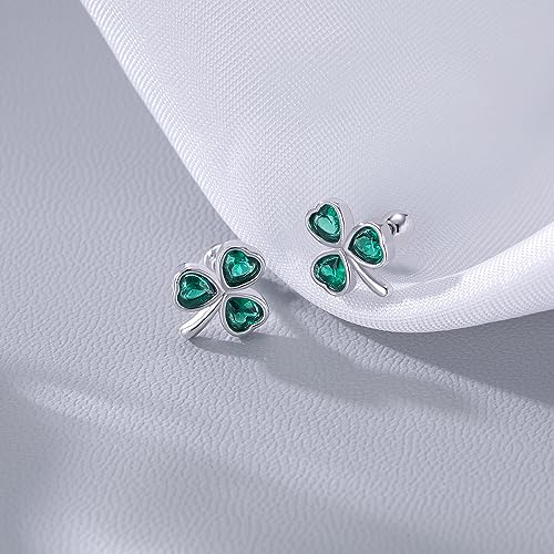 Reffeer Solid 925 Sterling Silver Green CZ Flower Stud Earrings Clover for Women Teen Girls Clover Stud Earrings Shamrock Earrings Green St Patricks Day Earrings Screw Backs (A-Silver)4