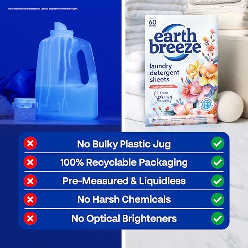 Image of Earth Breeze Laundry Detergent Sheets Fresh Spring Blossoms - 60 Loads - Eco Laundry Sheets - Travel Laundry Soap Sheets for Hot & Cold Cycles - Tackles Tough Stains & Odors - Gentle on Skin, 30 Ct