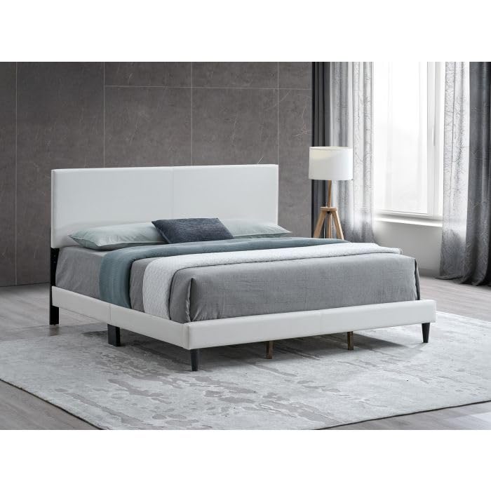 ROCKRAIN Queen Bed Frame: Modern Upholstered White Bed with Adjustable Headboard - Supportive Slats...