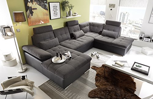 Stella Trading JAKARTA Wohnlandschaft in U-Form, Stoffbezug Schwarz / Lava - Ausziehbares Sofa mit Schlaffunktion & Bettkasten - 324 x 107 x 170 cm (B/H/T) Rechts