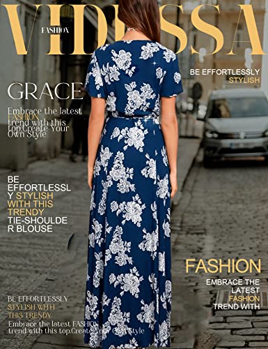 Vidussa Women Summer Maxi Dress Bohemian Floral Casual Wrap V Neck Split Short Sleeve Long Dresses Blue Xxl #TOP3