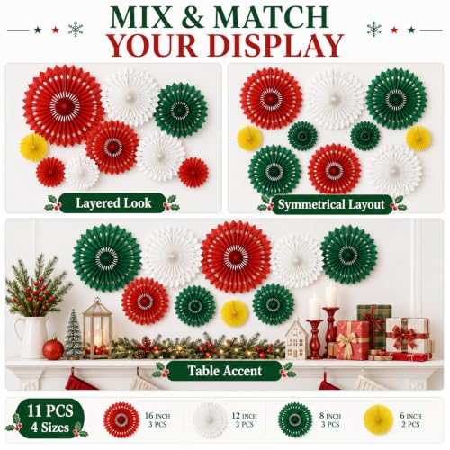 Image of Christmas Hanging Honeycomb Round Paper Fans Decoration Winter Theme Tissue Paper Fan Garland for Shower Birthday Graduation Wedding Party Supplies 11 Count