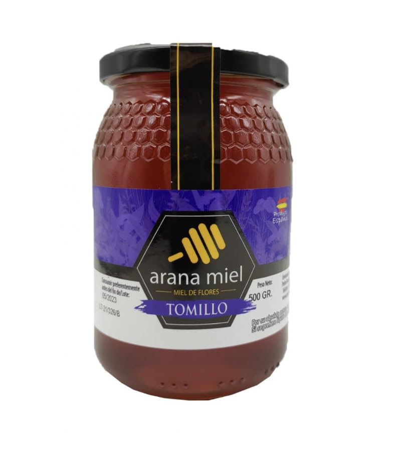 Miel pura de abeja. Miel de Tomillo en formato de 500 gr. De sabor dulce pero delicado, con muchas propiedades que aportan su consumo diario. Producto Artesano de Cosecha Propia. Origen: Granada.