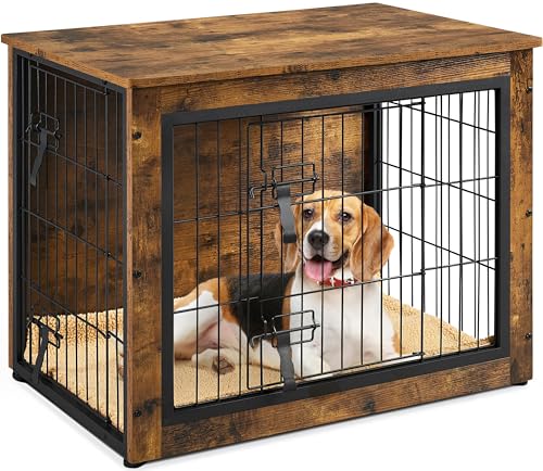 Yaheetech Dog Crate Furniture End Table with Cushion & Double Doors for Shiba Inus, Bichon Frises, Shih Tzus, Medium Dog Cage 80.5x55.5x64 cm, Rustic Brown