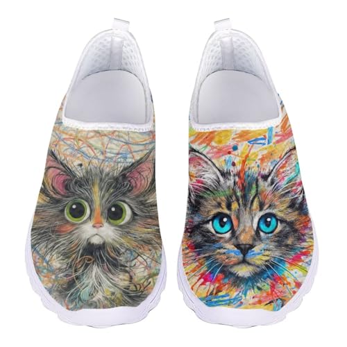 Jeiento Personalized Women's Walking Shoes Slip On Loafers Cat Pattern Athletic Sneakers Mesh Lightweight Breathable Casual Footwear