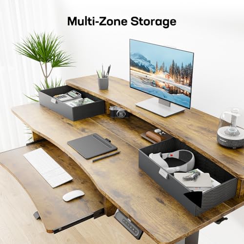 Image of HUANUO 55 inch x 26 inch Electric Standing Desk with 2 Drawers & 26.7 inch Large Keyboard Tray, C-Clamp Mount Compatible, Adjustable Computer Desk for Home Office, Stand Up Desk with 4 Height Presets, Vintage