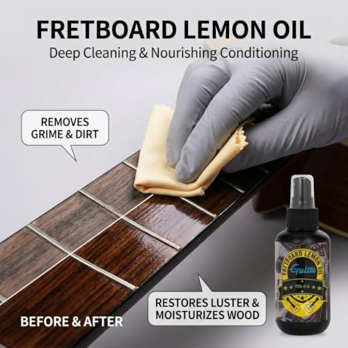 Image of Guitar Cleaning Kit All in One - Guitar Care Kit with Fretboard Lemon Oil, Guitar Polish, String Cleaner for Acoustic Guitar, Electric Guitar, Bass - Microfiber Cloths GSN-01