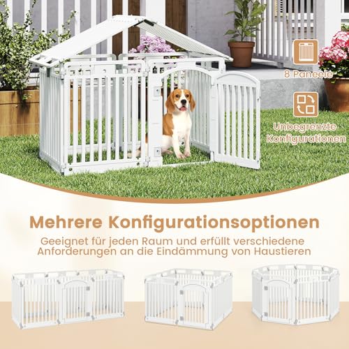 COSTWAY Welpenauslauf faltbar, Welpenlaufstall mit 8 Paneelen, abschließbarer Tür & Bodennägeln, 80 cm hoch, Hundelaufstall Outdoor Indoor, Laufstall Hund, Hundeauslauf aus Kunststoff, Weiß