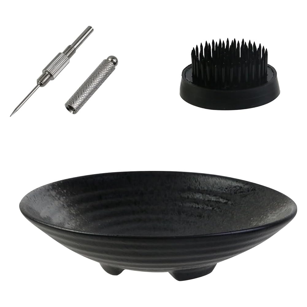 CTRLZS Vase Kit, Ceramic Bowl and Metal Flower Kenzan, with Needle Straightening Tool Black