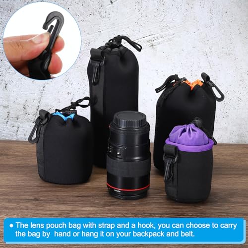 PATIKIL Camera Lens Bag - 3.7\" x 7.1\" Drawstring Lens Pouch with Thick Protective Neoprene, Case for DSLR Camera Lenses, Water-Resistant, Black, Orange