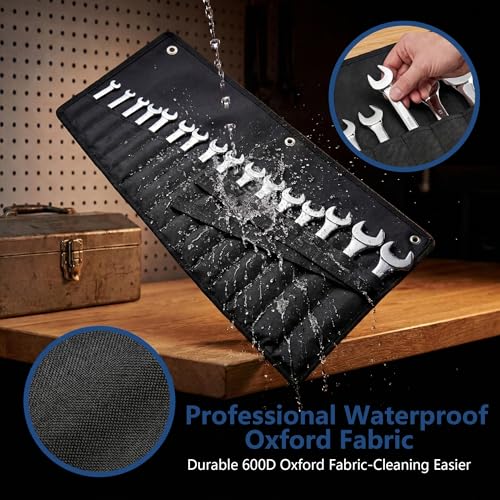 Image of Wrench Roll Up Pouch, 16-Pocket Heavy Duty Tool Roll Up Bag | Sturdy Waterproof Oxford Fabric, 3 Rings, for Wrenches, Screwdrivers, Hand Tools Storage, Portable Organizer for Mechanics