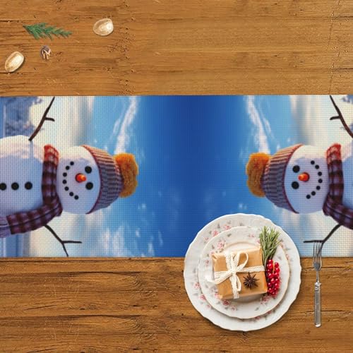 Chemin de table de Noël imprimé bonhomme de neige long linge de table en lin