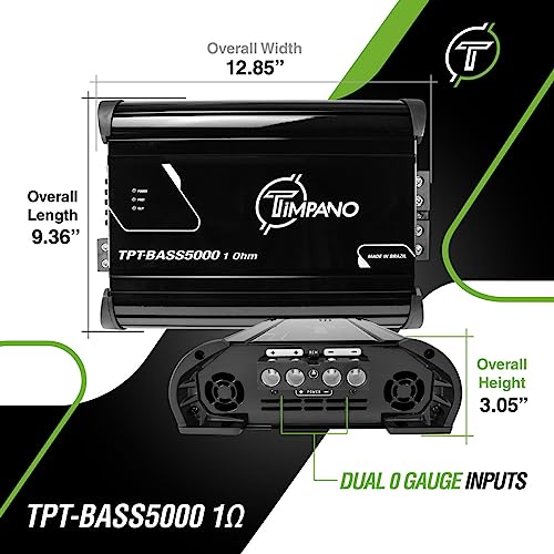Image of Timpano 5000 Watts Mono Subwoofer Car Audio Amplifier TPT-BASS5000 1 Ohm - 12 Volts 5K Monoblock Class D Car Amp, Built-in Crossover & Bass Boost with Smart Fans
