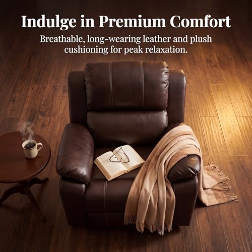 Image of Single Leather Manual Recliner Chair, Oversized Lazy Boy Recliner with Home Theater Seating, Breathable Living Room Reclining Chair for Adults Reading, Gaming, Relax, Brown