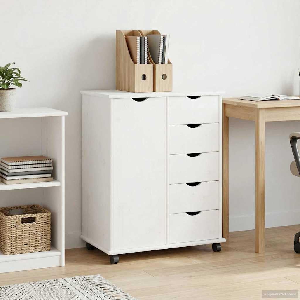 Armoire à roulettes en pin blanc 63,5x39x79 cm avec tiroirs