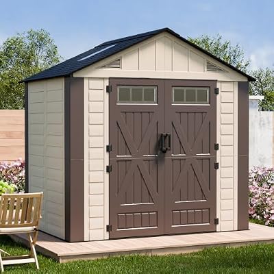 YOCONYO 8x6 FT Outdoor Storage Shed with Floor, Waterproof Plastic Shed with Window ? Lockable Door, Patio Sheds for Garden, Backyard, Tool Storage