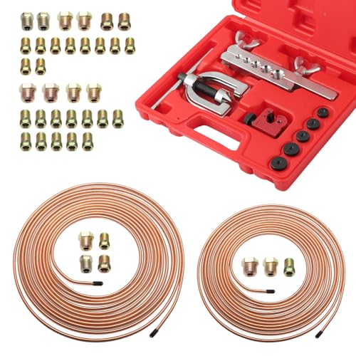25Ft 1/4 and 3/16 Brake Line Kit Single & Double Brake Line Flaring Tool Kit with 32 Inverted Fittings and Brakes Flare Tool Kits Copper Plated Brakes Lines Repair Kits