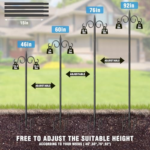 Image of Double Shepherds Hooks for Outdoor, 92 Inch Heavy Duty Bird Feeder Pole with 5 Prongs Base, Adjustable Shepherds Hook for Bird Feeder, Garden, Weddings, Hanging Plant, 1 Pack