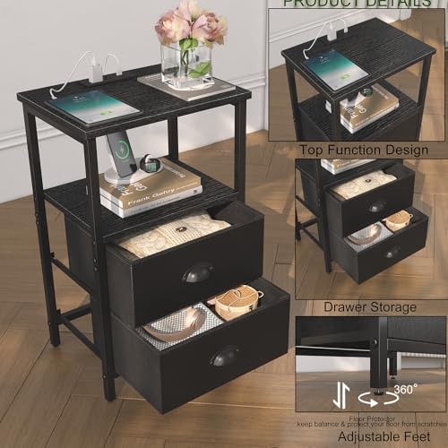 Image of sthmec Nightstand with Charging Station, Night Stand with 2 Fabric Drawers PU Finish, Bedside Table End Table with LED Light, 3-Tier Storage Side Table Nightstand with Drawers for Bedroom,Black