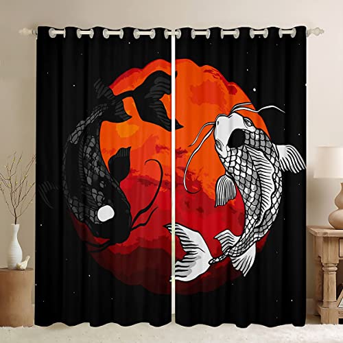 Yin Yang Blackout Curtains Boho Trippy Art Curtains, Gossip Koi Couple Fish Decor Darkening Curtain For Kids Adults Japanese Style Window Drapes For Bedroom Living Room Red Black 42"X84",2 Panels #TOP20