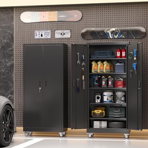 Image of 71 in. Garage Storage Cabinet with Wheels, 5 Shelves, Black