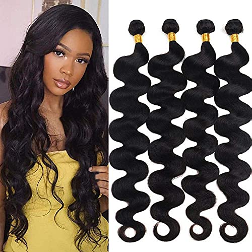 Brazilian Human Hair Body Wave Bundles 9A Unprocessed Brazilian Virgin Human Hair Weave 4 Bundles 18" 20" 22" 24" Body Wave Hair Extensions Natural Black for Black Woman