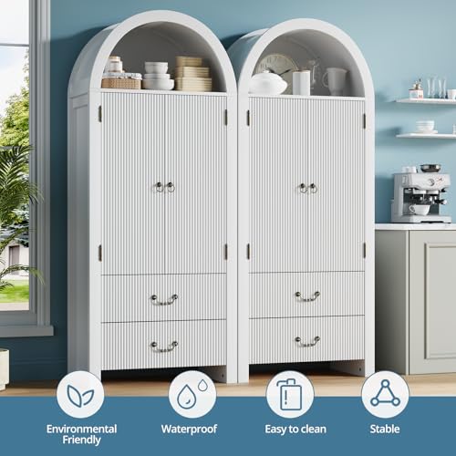 Image of FURSUN 71 inch Arched Storage Cabinet with Fluted Doors, Tall Wood Pantry Cabinet with Drawers & Adjustable Shelves, Modern Coffee Bar Cabinet, White