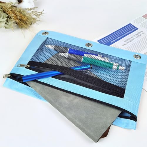 Image of Pencil Pouch for 3 Ring Binder - 3 Hole Zipper Pen Case Bag Holder Bulk Accessories Clear Window Aesthetic Organizer Pockets