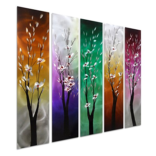 Pure Art Trees Through the Seasons - Contemporary Colourful Metal Wall Art - Purple Green Yellow Hanging Sculpture Set of 5 Square Panels - Tree Decoration of 34  x 24 
