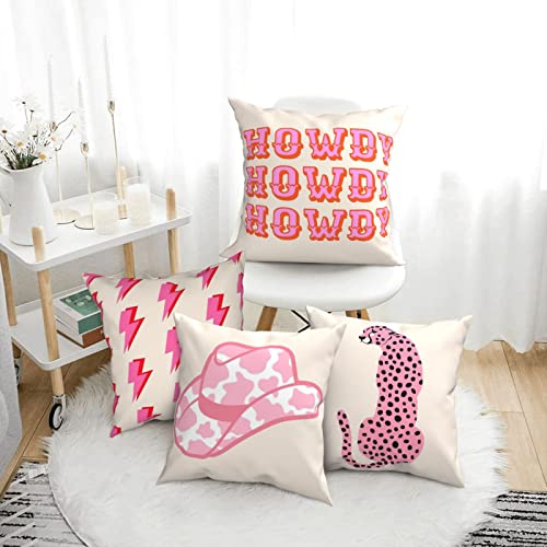 Preppy Throw Pillows Covers Set Of 4 Pink Leopard Cowboy Hat Pillow Case Aesthetic Cushion Cover Preppy Stuff For College Dorm Living Room Couch Sofa Bedroom Car Home Decor 18"X18" #TOP2