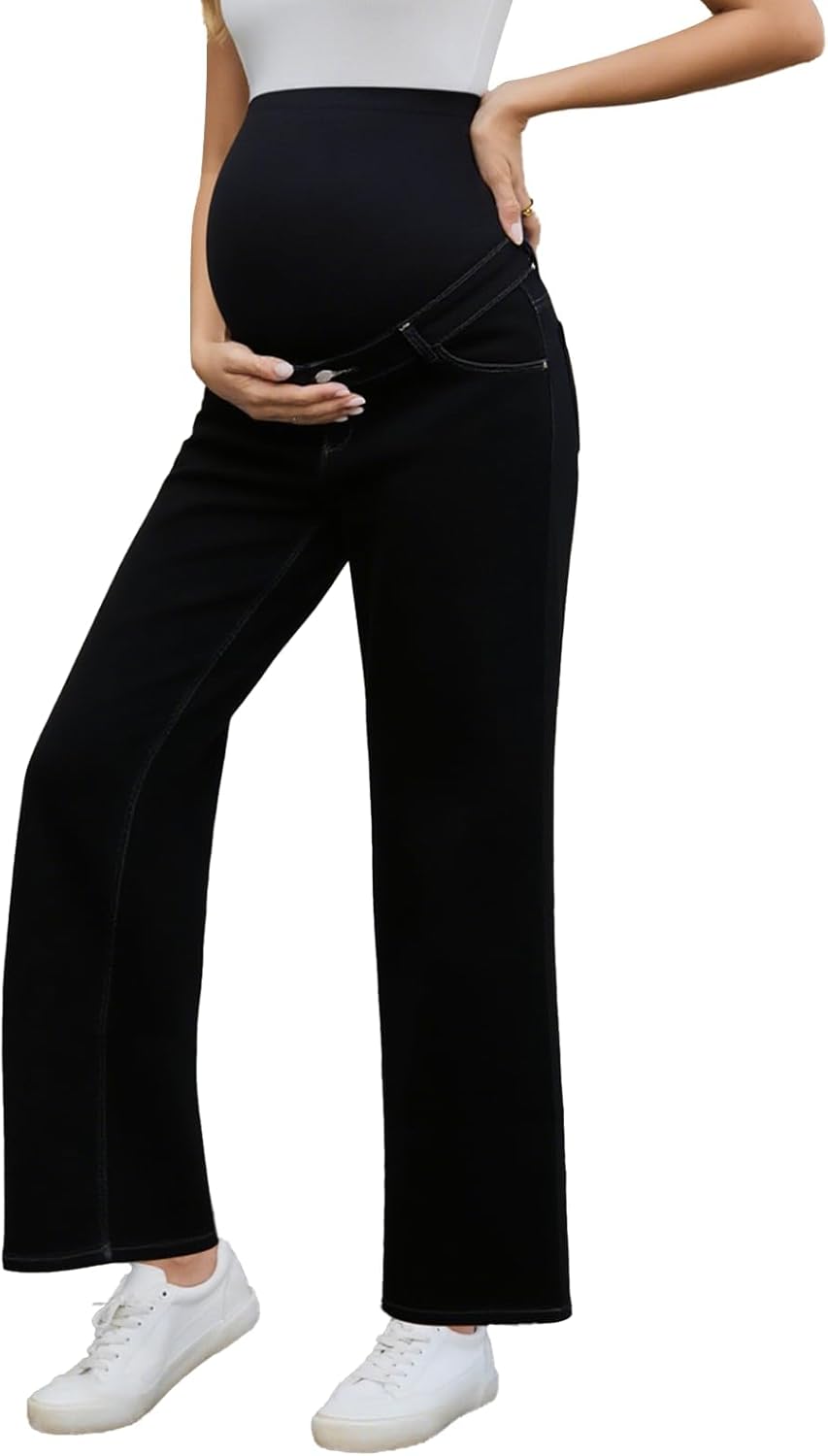 Ecavus Women's Maternity Jeans Over Belly Wide Leg Comfy Stretch Denim Pants with Pockets, XS-XXL