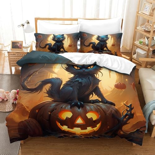 Housse de couette chat d'Halloween 135x200 pour lit enfant single en microfibre