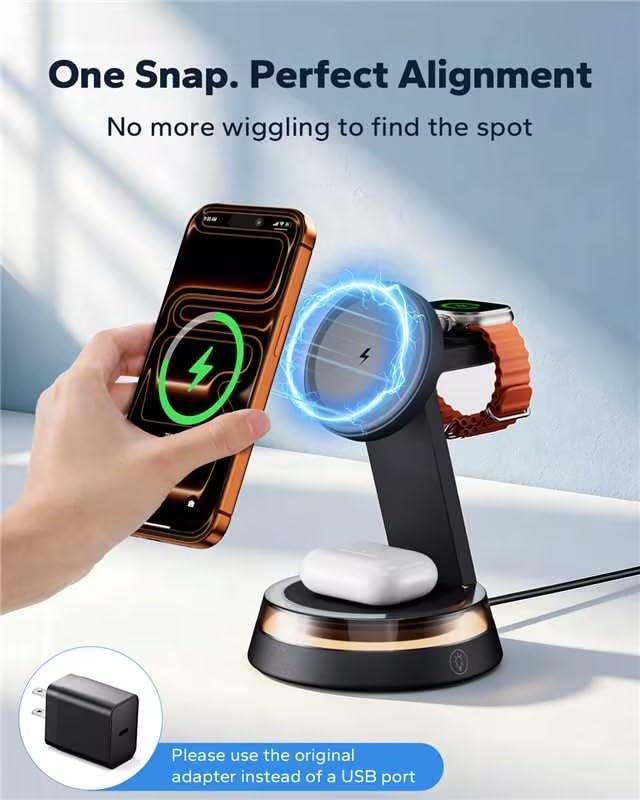 KPON 3 in 1 for iphone and Watch Charging Station, Wireless Charger Stand | 15W Desk Phone Charger for MagSafe, Nightstand Charging Dock with Light&30W Adapter, for iPhone 18 17 16/Apple Watch/AirPods - image 4