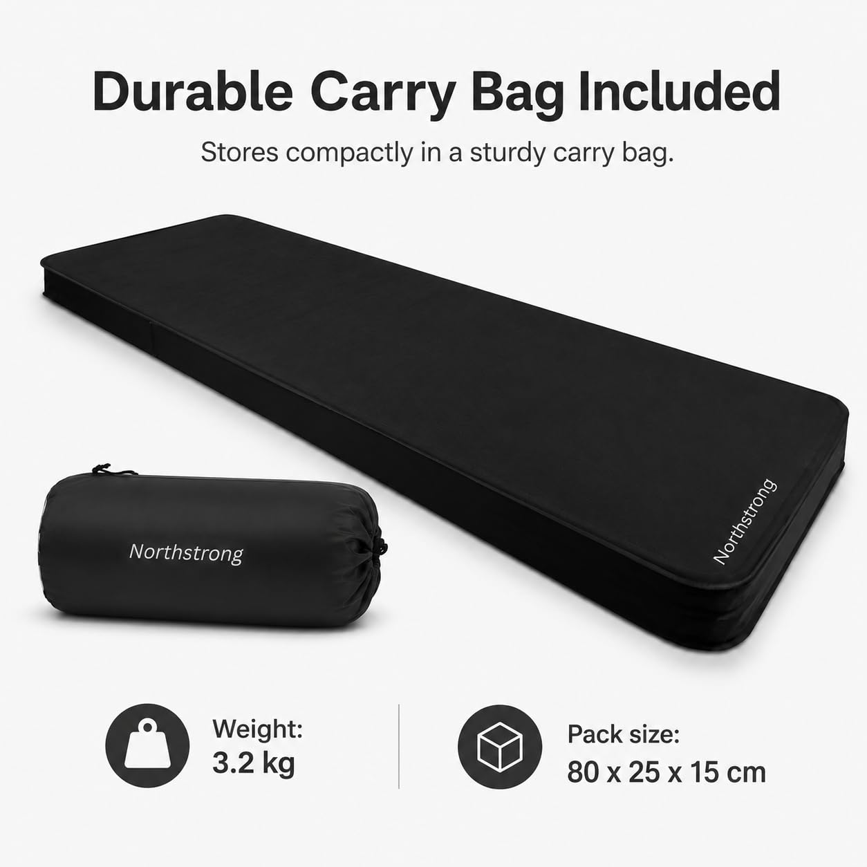 Esterilla Autoinflable – Aislante con Bolsa de Transporte – De Northstrong | 200 x 75 x 10 cm – Extra Larga, Ancha y Gruesa – R-Value 9.5 – Colchoneta Hinchable para Camping, Tienda y Outdoor – Negro