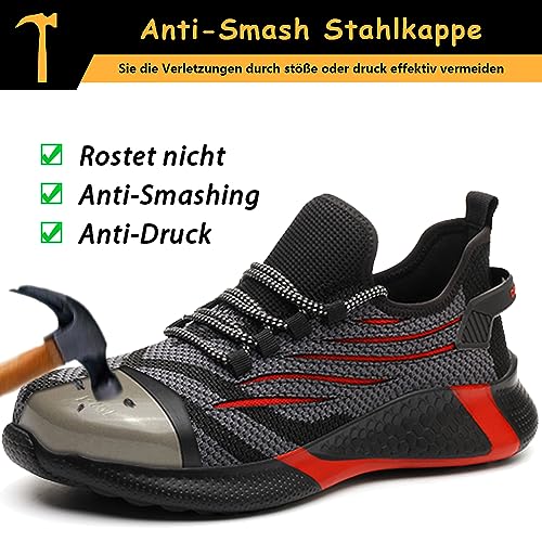 Scarpe Antinfortunistiche Uomo Punta In Acciaio Scarpe Da Lavoro Leggero Traspiranti Antiscivolo Scarpe Da Cantiere Donna, Rosso, Eu 44 - 2