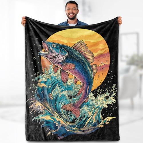 Aimego Fishing Blanket Gifts for Fisherman - Fish Lovers Throw for Dad Men Boys Teens Women Adults Travel Camping Soft Fleece Cozy Bed Couch Decor Birthday Christmas Lightweight Blanket 50'x60'