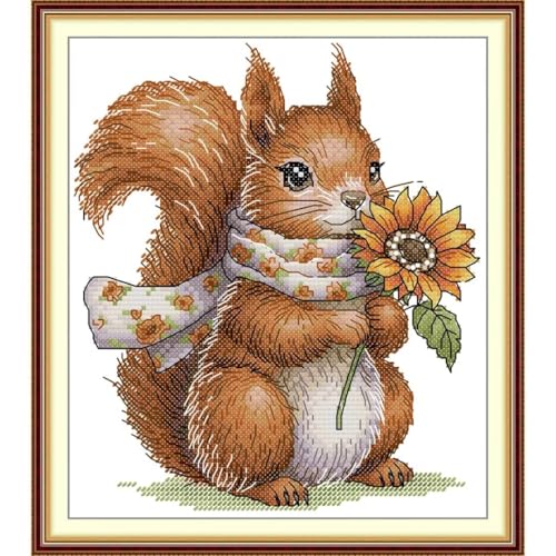 Image of CROSSDECOR Stamped Cross Stitch Kits Full Range of DIY Needlepoint for Adult Beginners Pattern, for Gift and Home Decor 14CT 2 Strands Squirrel,8.27x9.84 inch