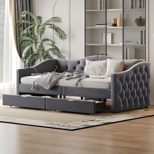 Daybed with Storage Drawers, Twin Size Velvet Upholstered Sofa Bedframe w/USB Port, Button Tufted Backrest and Nailhead Design Daybeds for Bedroom, No Box Spring Needed (Dark Grey, Twin w/Drawers)