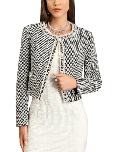 M.Infisavo Tweed Blazer Jackets for Women Fall Winter Long Sleeve Elegant Work Business Casual Cropped Jacket Stripe Black and White Small