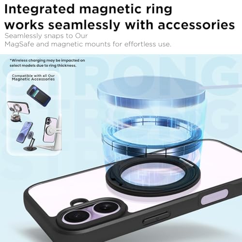 Image of RIGGEAR Shockproof Sleek Hybrid Armor 360 Rotating Magnetic Ring Stand Back Cover Case Compatible with MagSafe Accessories for iPhone 17 (Transparent PC and Black TPU Bumper)