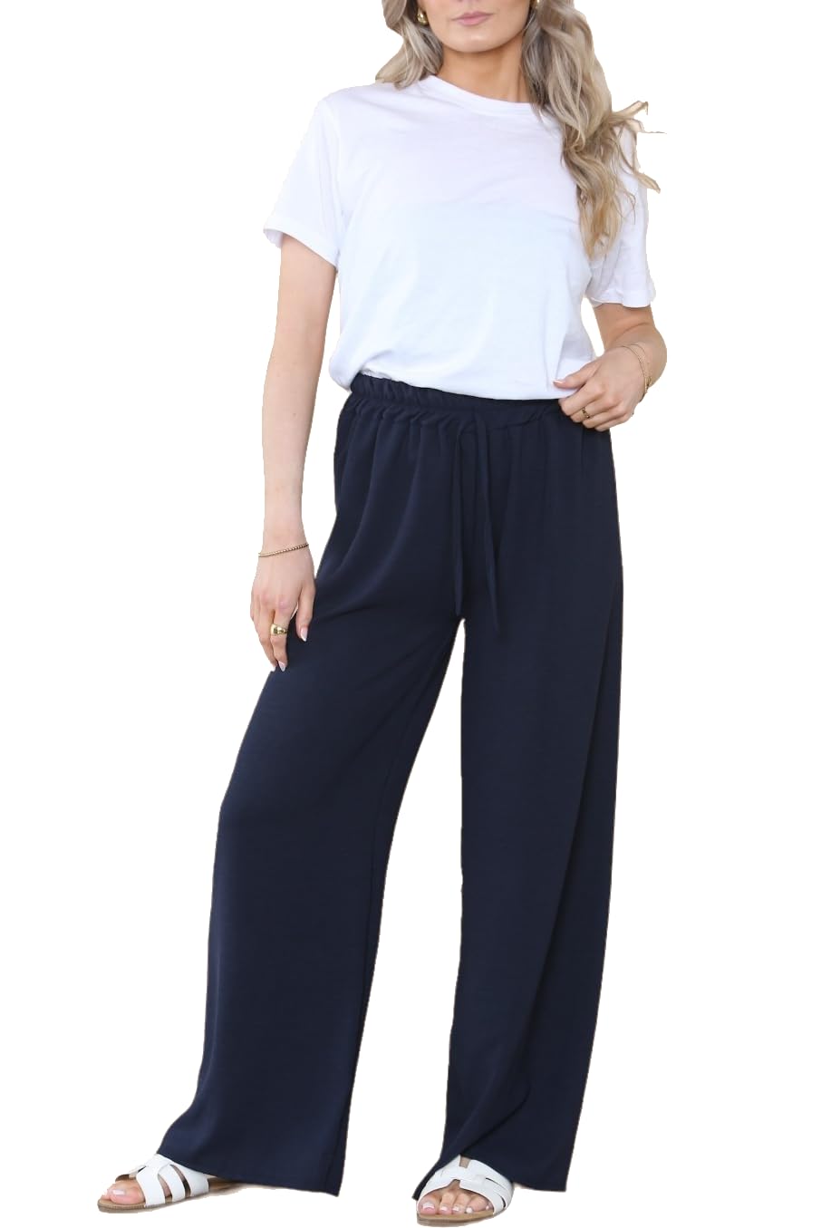 StyleWear Ladies Plain Flared Leg Drawstring Waistband Palazzo Womens Elasticated Waist Wide Leg Trouser Casual Relaxed Lounge Pants Navy