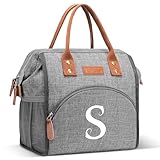 Initial Lunch Bag Women Insulated Lunch Box Wide-Open Lunch Tote Bag Large Drinks Holder Durable Nylon Thermal Snacks Organizer for Work, Travel, Picnic Personalized Gifts for Women/Teacher