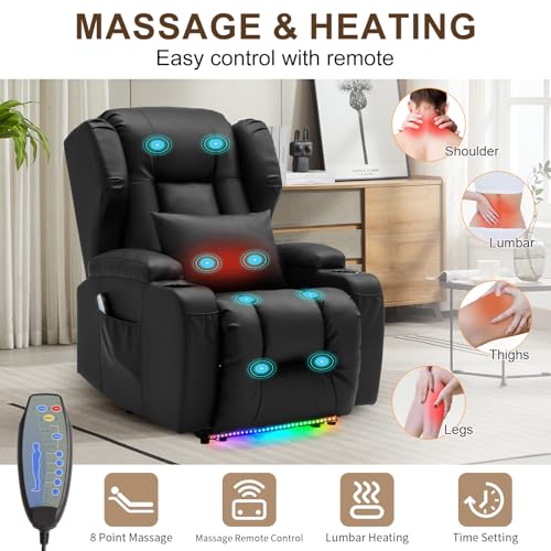 Image of DRMBOOK Power Recliner Chair, Electric Wall Hugger Reclining Sofa with Massage & Heat, Overstuffed Movie Theater Seating with LED /USB Ports /Cup Holders for Living Room (Leather Black, 2 Chairs)