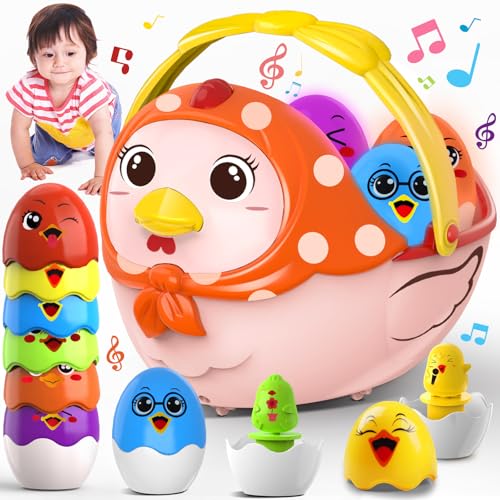 Easter Basket Chicken Egg for Toddler: Easter Basket Stuffers Musical with Light Gift for Girls Boys - Educational Color Matching Interactive Learning Hen Toys - Baby First Easter/Birthday Gifts
