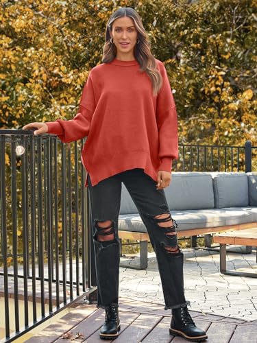 Image of LILLUSORY Women's Oversized Batwing Sweaters 2026 Fall Outfits Trendy Crewneck Knit Side Slit Fashion Pullover Tops